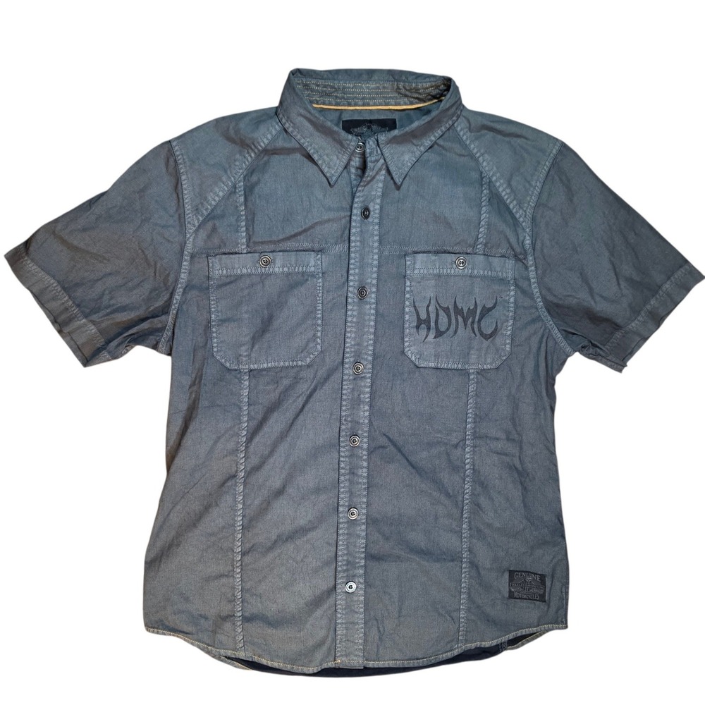 Harley-Davidson Mens Large Mechanic Shirt Gray HDMC Short Sleeve Button Down